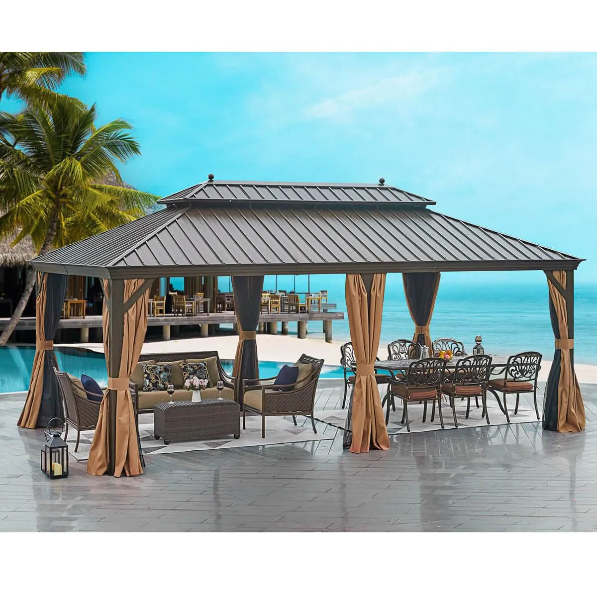 12'x20' Galvanized Steel Hardtop Gazebo Double-Roof Pergola w/ Netting Curtain