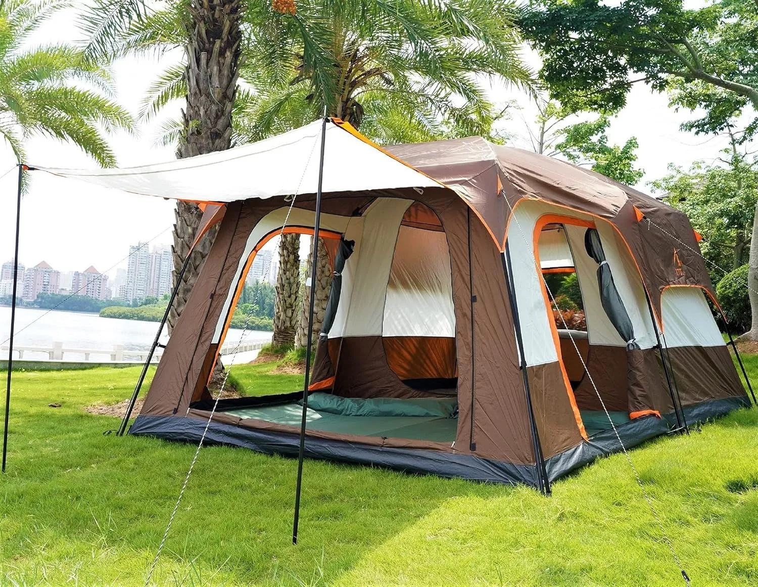 Extra Large Tent 10-12-14 Person(Style-B),Family Cabin Tents,2 Rooms,3 Doors and 3 Windows with Mesh,Straight Wall,Waterproof,Double Layer,Big Tent for Outdoor,Picnic,Camping,Family Gathering