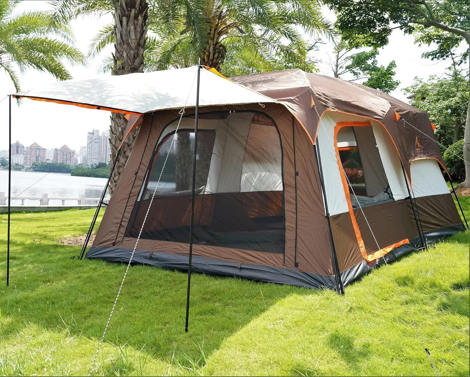 Extra Large Tent 10-12-14 Person(Style-B),Family Cabin Tents,2 Rooms,3 Doors and 3 Windows with Mesh,Straight Wall,Waterproof,Double Layer,Big Tent for Outdoor,Picnic,Camping,Family Gathering