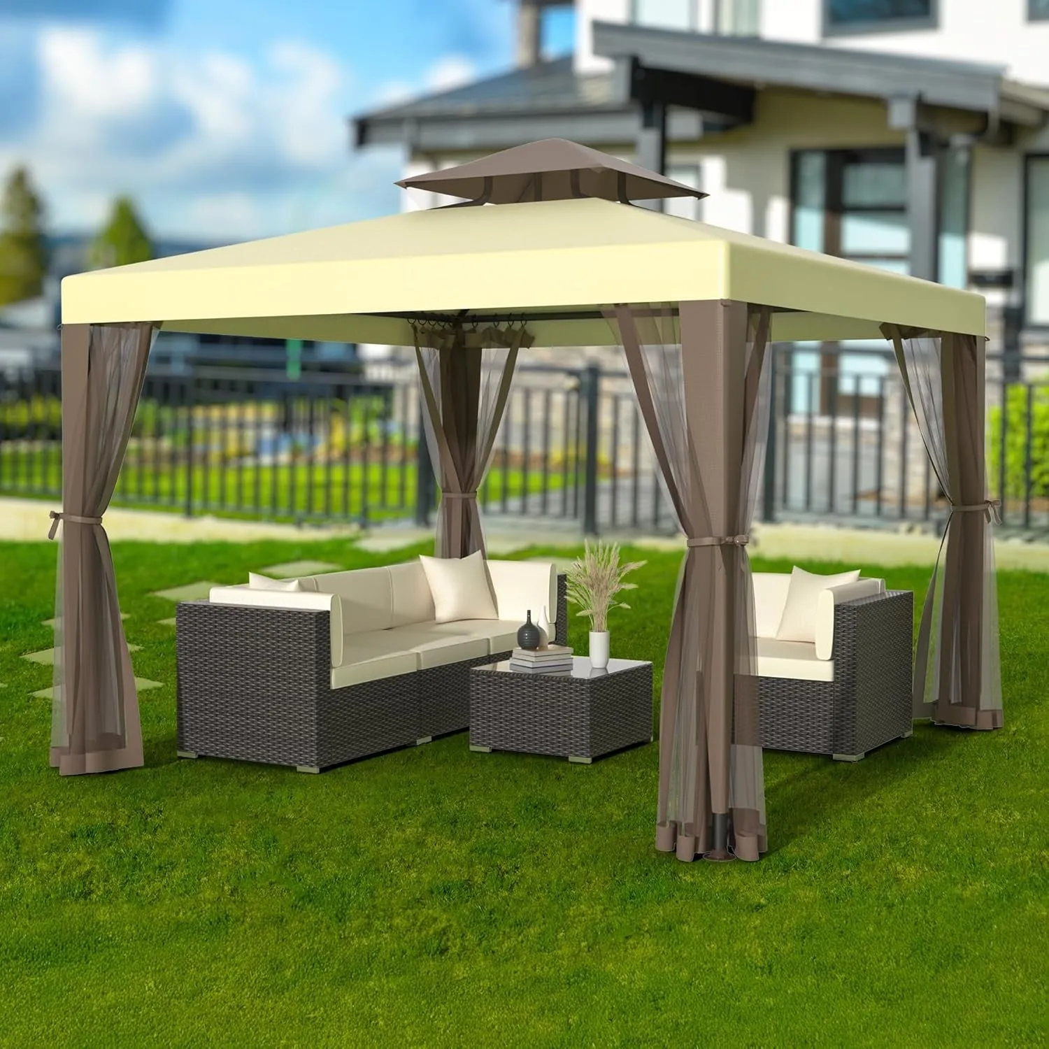 Gazebo, 10X10 Patio Gazebo Waterproof Canopy Tent Uv-Resistant 2-Tier Top Sturdy Outdoor Canopy Tent for Camping with Mosquito Netting for Garden Patio Backyard(10Ft X 10FT)