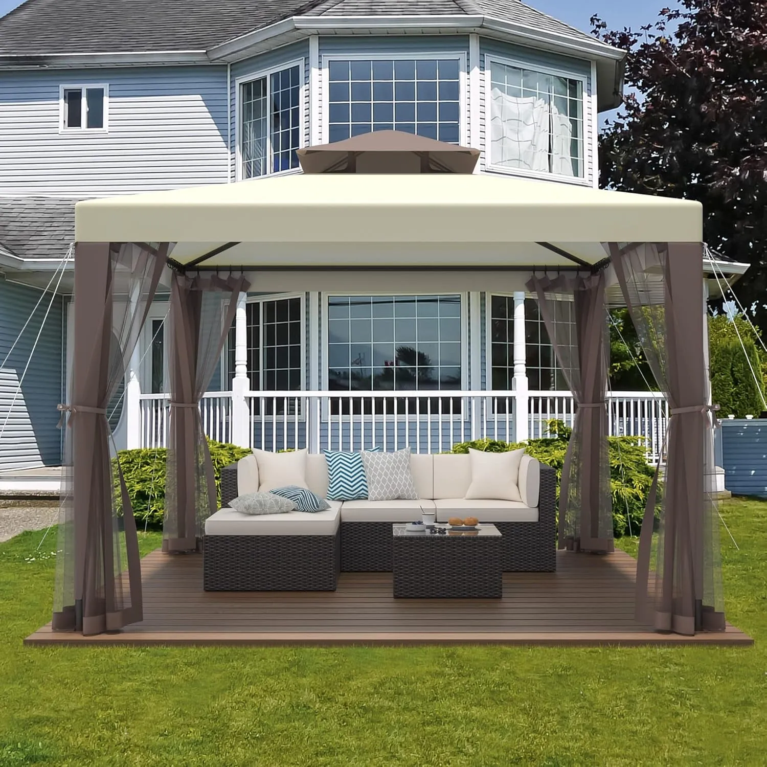 Gazebo, 10X10 Patio Gazebo Waterproof Canopy Tent Uv-Resistant 2-Tier Top Sturdy Outdoor Canopy Tent for Camping with Mosquito Netting for Garden Patio Backyard(10Ft X 10FT)