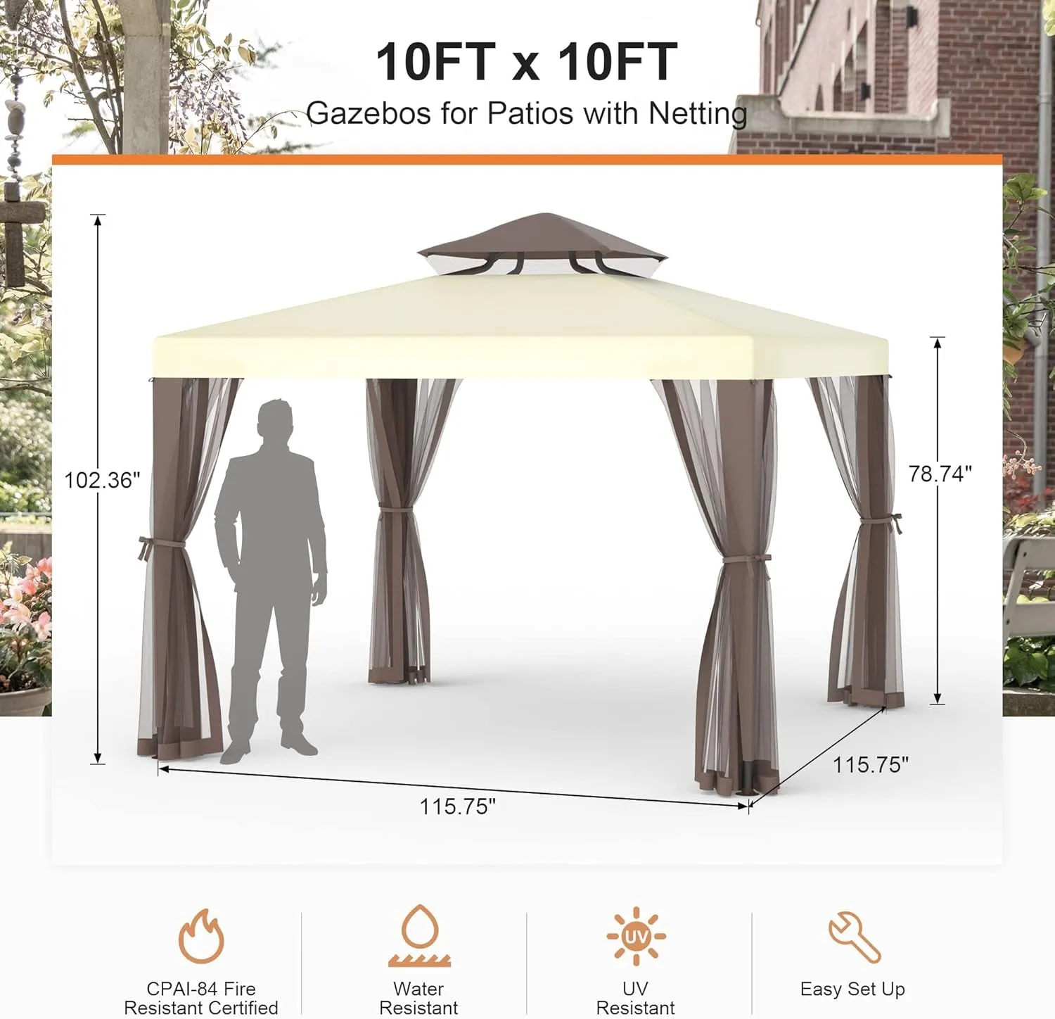 Gazebo, 10X10 Patio Gazebo Waterproof Canopy Tent Uv-Resistant 2-Tier Top Sturdy Outdoor Canopy Tent for Camping with Mosquito Netting for Garden Patio Backyard(10Ft X 10FT)