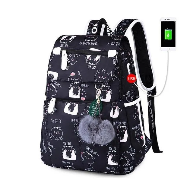 Large Capacity Cute School Backpack With Pompom Keychain