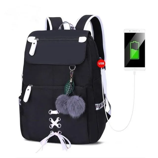 Large Capacity Cute School Backpack With Pompom Keychain