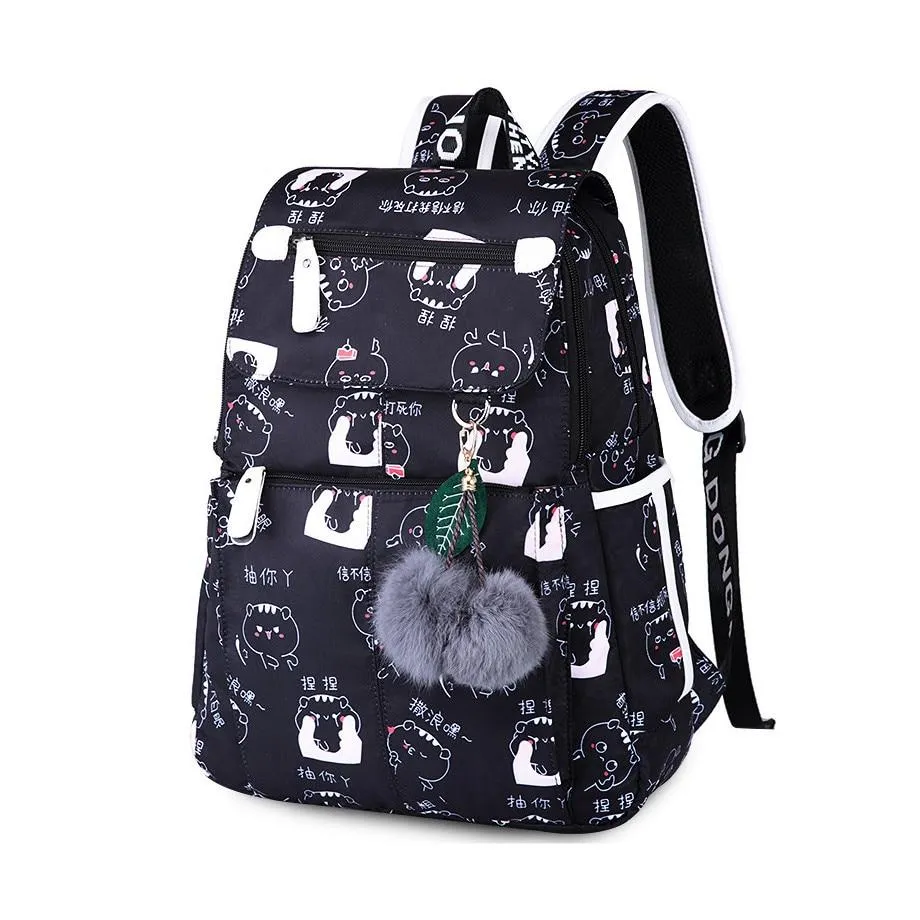 Large Capacity Cute School Backpack With Pompom Keychain