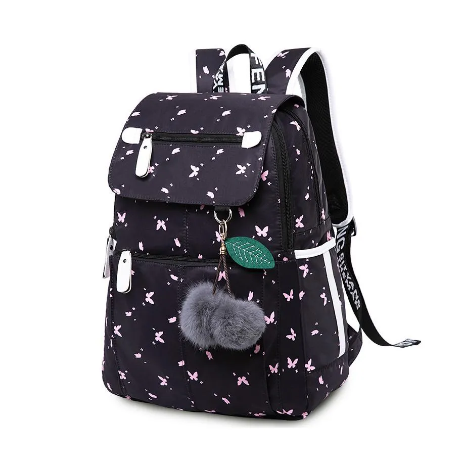 Large Capacity Cute School Backpack With Pompom Keychain